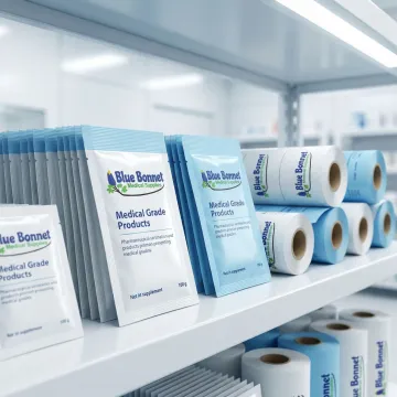 Pharmaceutical packaging paper and sachets arranged in a medical supply warehouse