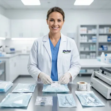 FDA-compliant sterile procedure pack being sealed and labeled at a medical packaging facility