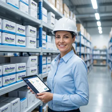 Medical inventory specialist reviewing compliant storage of healthcare products in a warehouse