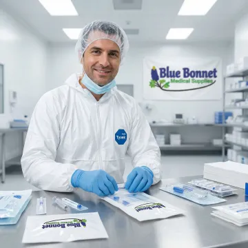 Medical device packaging technician sealing compliant sterile packages in a warehouse facility