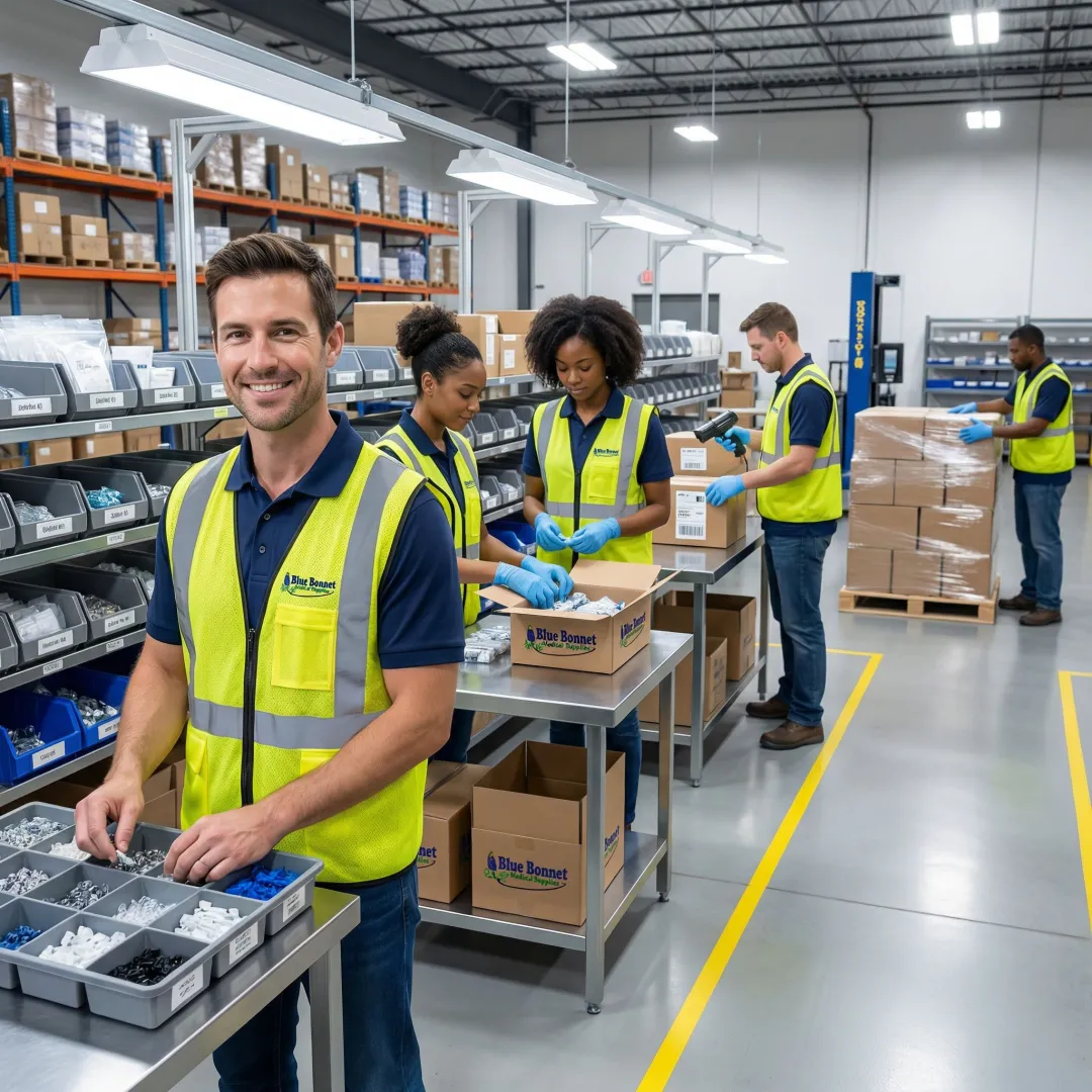 Step-by-step kitting assembly process at a medical supply fulfillment warehouse