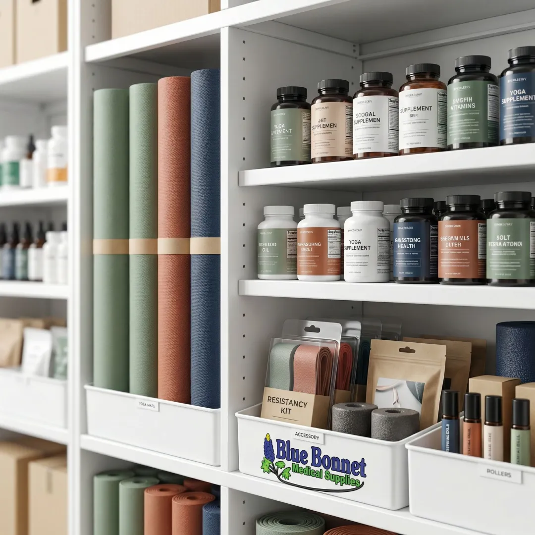 Wellness products neatly organized and labeled on warehouse shelves ready for fulfillment