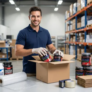 Fulfillment center worker packing sports nutrition supplements for shipping