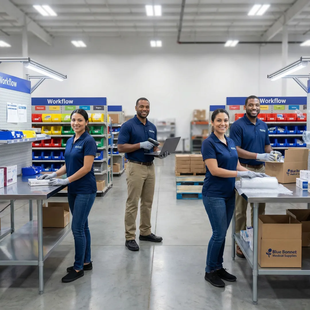 Step-by-step returns processing workflow in a medical product fulfillment warehouse