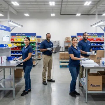 Step-by-step returns processing workflow in a medical product fulfillment warehouse