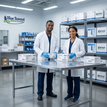 Warehouse worker inspecting and processing returned medical products on a fulfillment floor