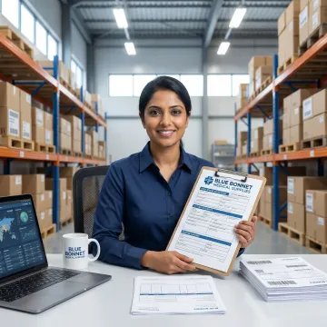 Fulfillment specialist reviewing import documentation at a US warehouse