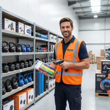 3PL warehouse worker fulfilling sports and fitness equipment orders