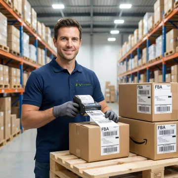 Warehouse team member preparing Amazon FBA shipments with labeled boxes on a pallet