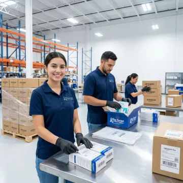 Step-by-step FBA prep process showing labeling, packaging, and palletizing of boxes in a warehouse