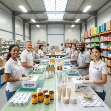 Health and wellness subscription boxes being packed and prepared for shipment in a fulfillment warehouse