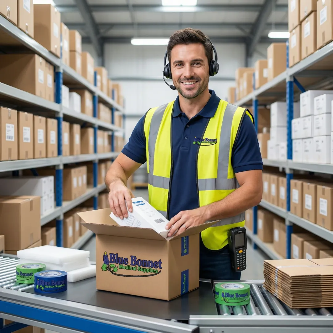 Warehouse worker picking and packing consumer product orders for fulfillment in Florida