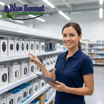Wearable tech fulfillment specialist reviewing inventory of smartwatches and fitness trackers in a warehouse