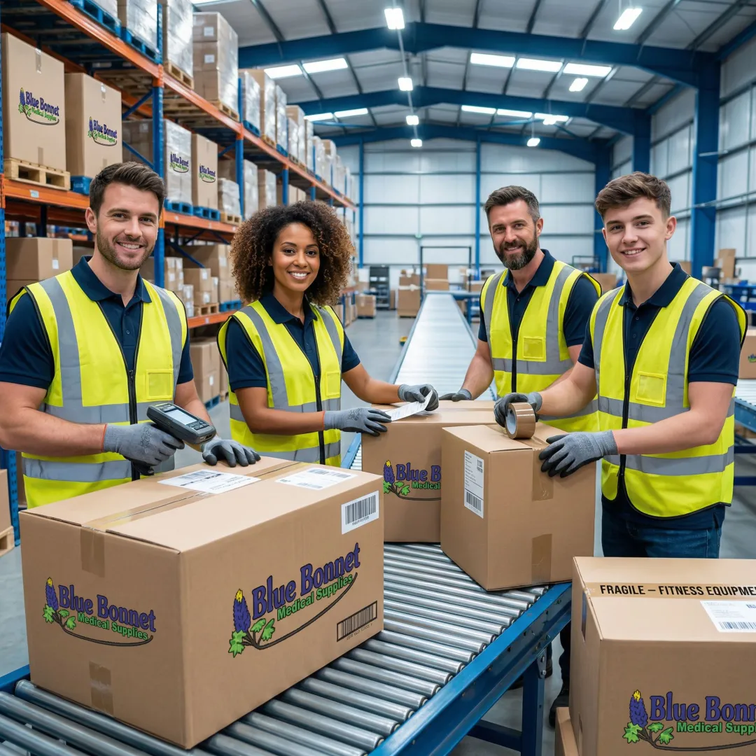 Logistics team processing gym equipment orders in a fulfillment warehouse