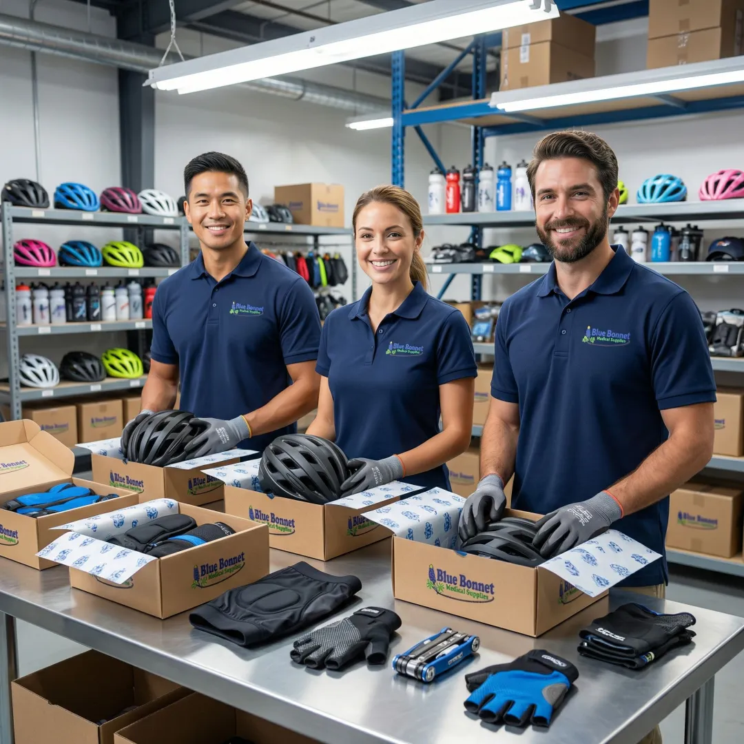 Fulfillment team assembling and packing cycling accessories kits in a warehouse