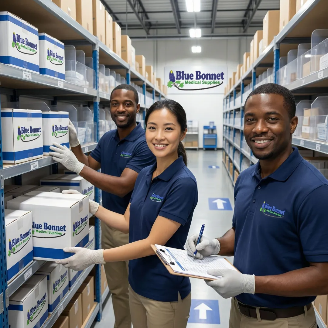 Step-by-step warehouse onboarding process with team members organizing medical product inventory