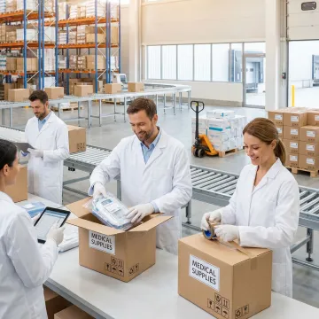Medical equipment being carefully packed and labeled in a compliant warehouse facility