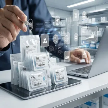 Custom medical device packaging with FDA-compliant labels and tamper-evident seals on a warehouse table