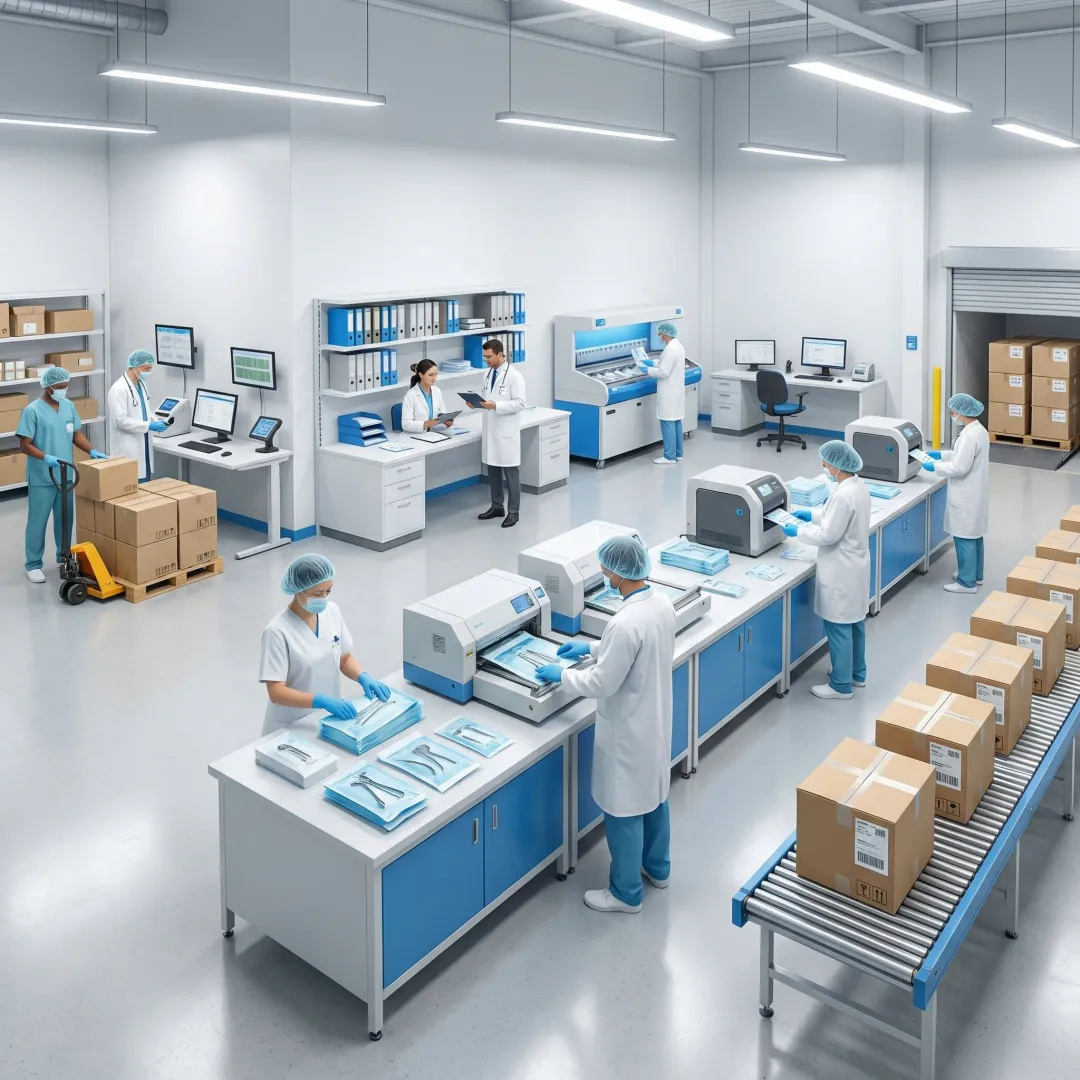 Step-by-step medical packing process in a compliant warehouse with labeled boxes and documentation