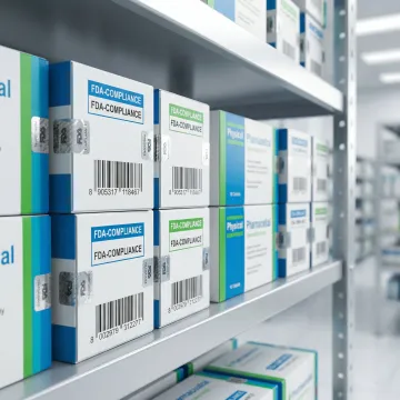 FDA-compliant pharmaceutical packaging materials and labeled medical boxes arranged in a clean warehouse