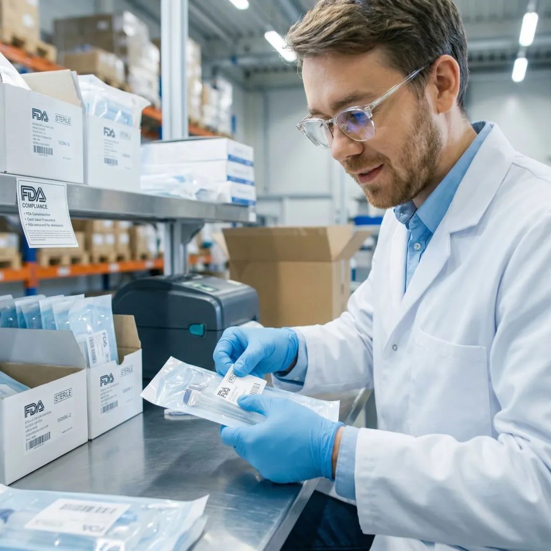 FDA-compliant medical product packaging and labeling at a professional warehouse facility
