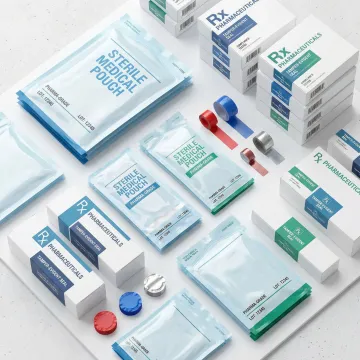 Medical and pharmaceutical packaging materials including sterile pouches, labeled boxes, and tamper-evident seals on a clean warehouse table.