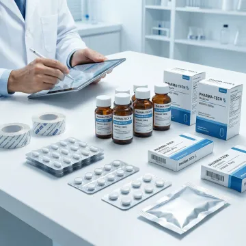 Pharmaceutical packaging solutions including labeled medicine boxes and blister packs on a clean warehouse table