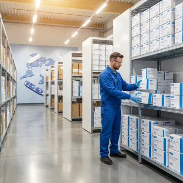 Healthcare fulfillment specialist handling medical supply boxes in a compliant warehouse
