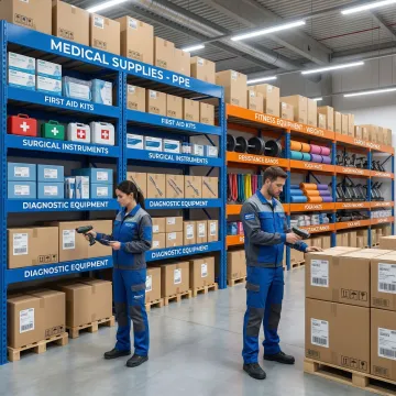 Warehouse staff managing medical supply logistics and fulfillment operations