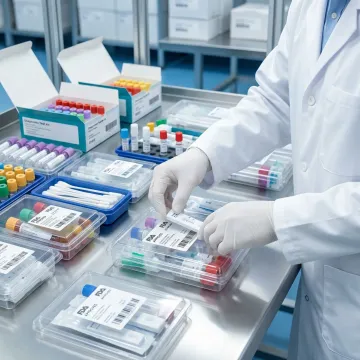 Technician assembling diagnostic test kit components into labeled packaging in a medical warehouse