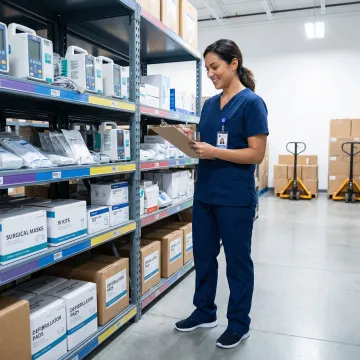 Medical inventory planning specialist reviewing equipment tracking documentation in a warehouse