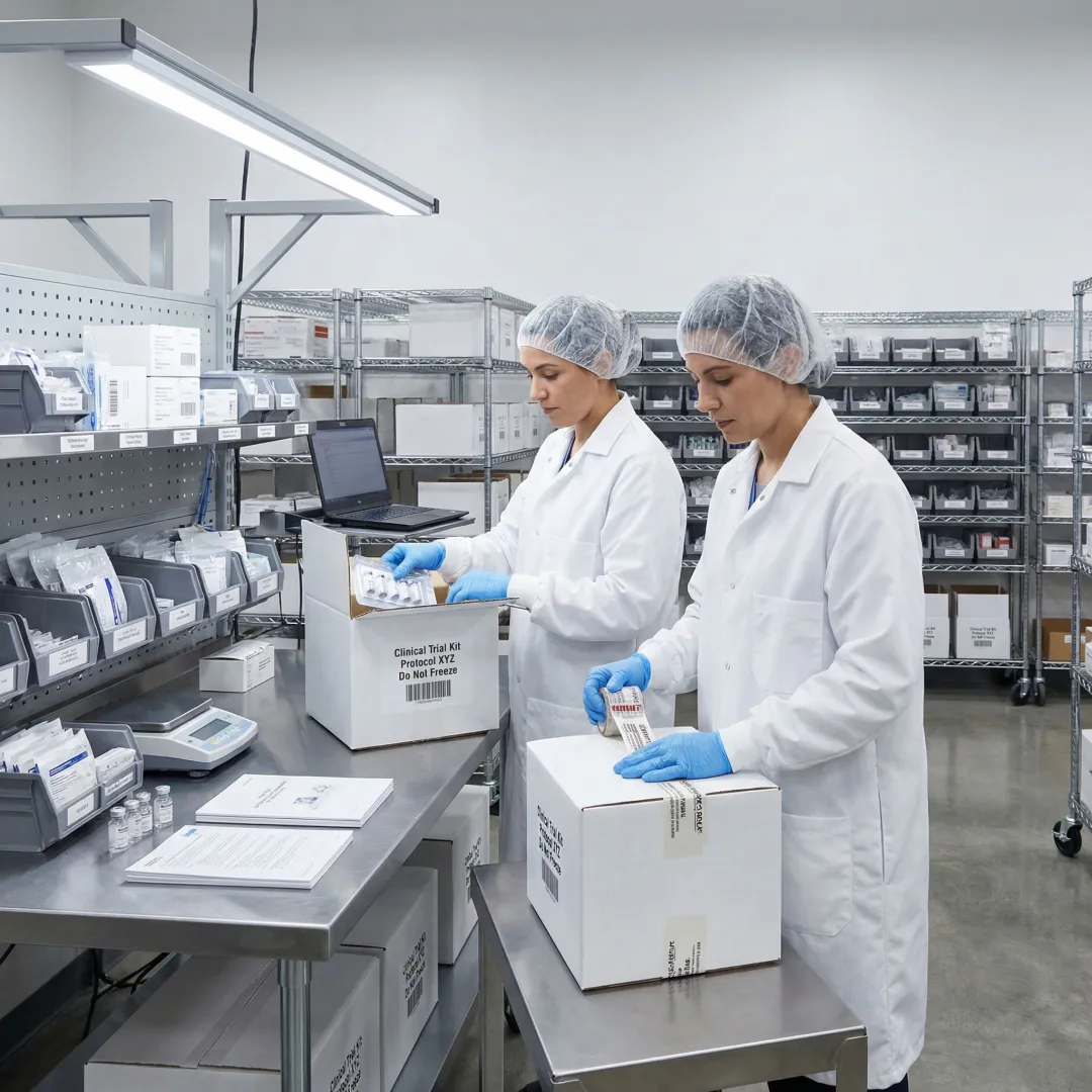 Step-by-step clinical kit assembly process in a regulated medical warehouse