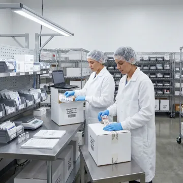 Step-by-step clinical kit assembly process in a regulated medical warehouse