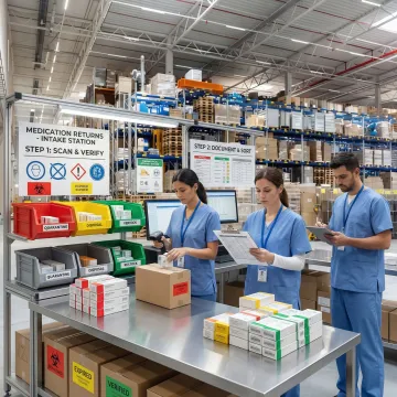 Pharma logistics team processing returned pharmaceutical products through a structured reverse distribution workflow