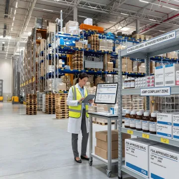 Pharmaceutical reverse distribution specialist managing returned medication inventory in a compliant warehouse