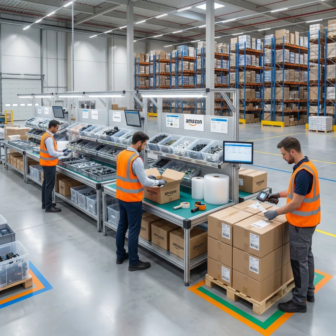 Step-by-step kitting and assembly workflow at a medical fulfillment warehouse