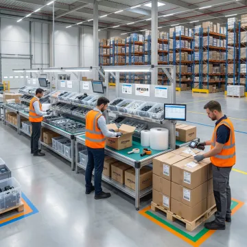 Step-by-step kitting and assembly workflow at a medical fulfillment warehouse