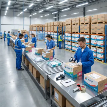 Warehouse workers assembling and kitting medical product packages at a fulfillment center