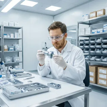 Technician inspecting and testing a medical device on a clean workbench