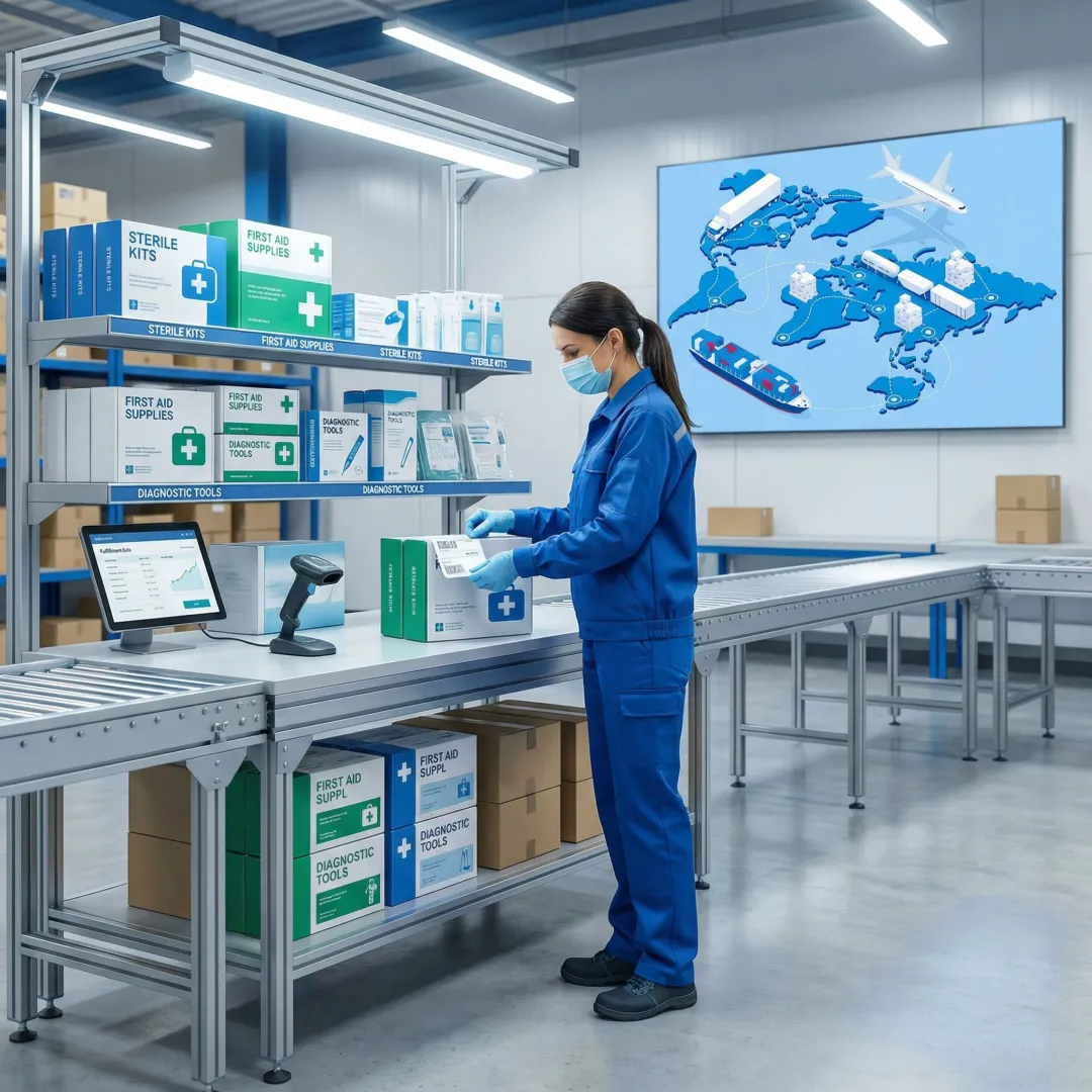 Fulfillment specialist carefully packaging medical products in a compliant warehouse facility