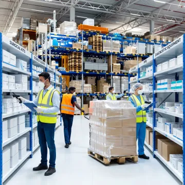 Healthcare inventory management — organized medical supplies in a compliant warehouse facility