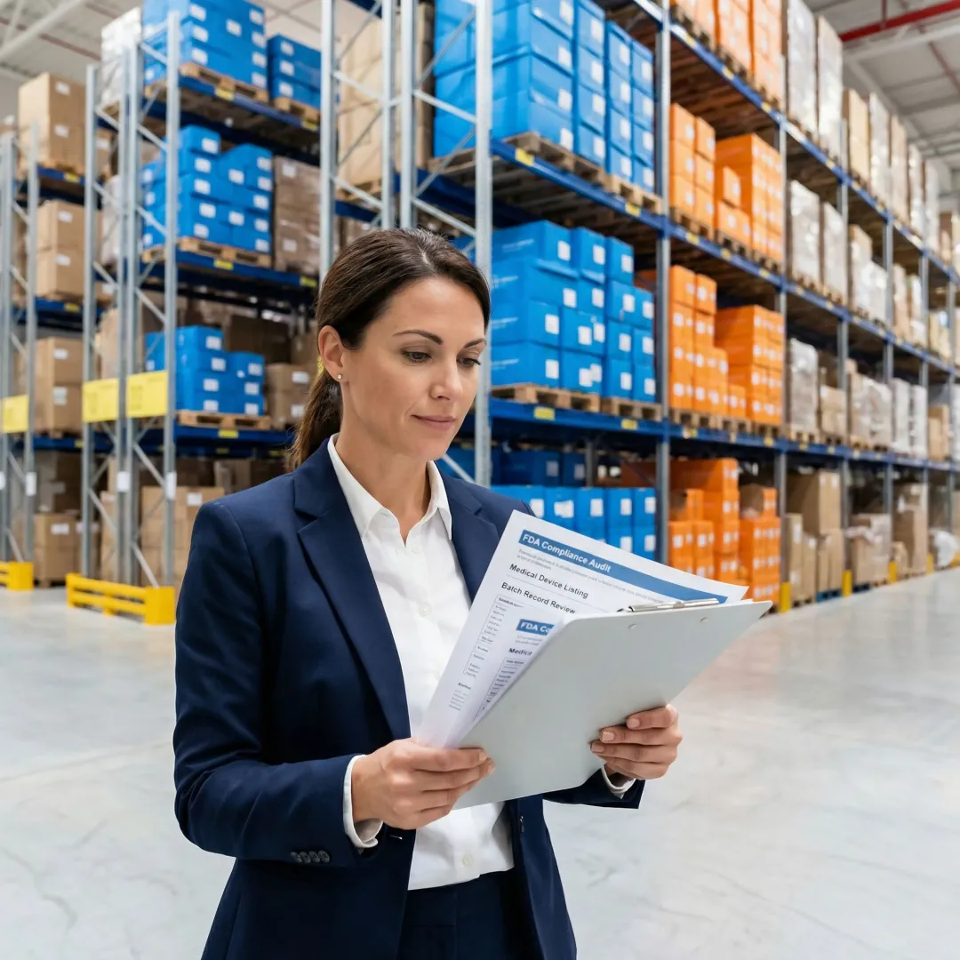 Logistics specialist reviewing medical supply inventory and compliance documentation in a regulated warehouse