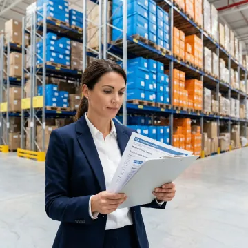 Logistics specialist reviewing medical supply inventory and compliance documentation in a regulated warehouse