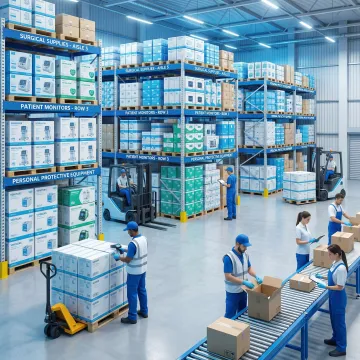 Medical supply distribution warehouse with organized shelving and packaged medical equipment ready for shipment