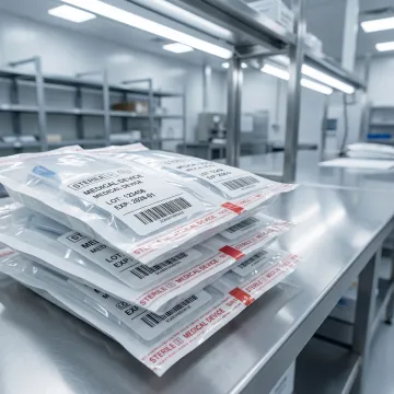 Custom medical device packaging with FDA-compliant labeling and tamper-evident seals on a warehouse table