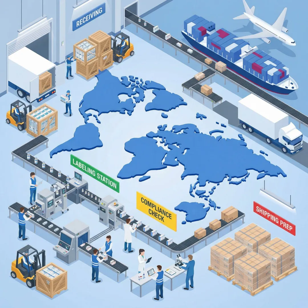 Step-by-step pharmaceutical packaging and compliance process in a medical warehouse