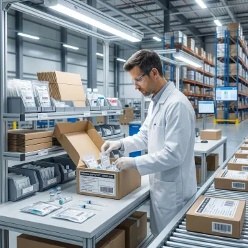 Warehouse worker assembling and kitting medical supply products at a packing station