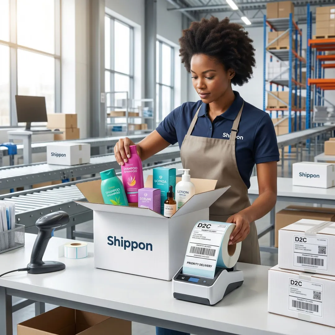 Fulfillment specialist carefully packaging personal care products for direct-to-consumer shipment