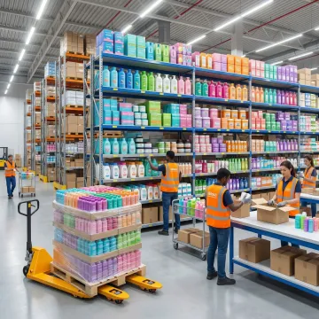 Personal care products neatly stored on warehouse shelves ready for D2C fulfillment