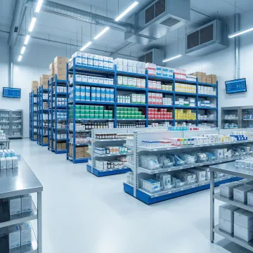 Temperature-controlled warehouse storing medical and health products in organized, climate-regulated shelving units.